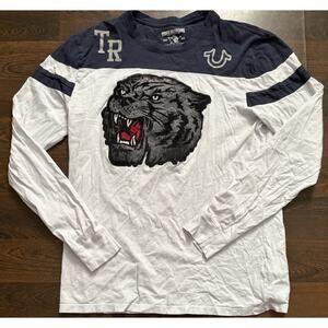 True Religion Tiger Football Long Sleeve Tee Men’s Sz L White Blue